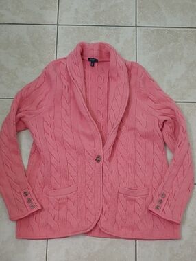 Talbots Pink Cable Knit Cardigan Fisherman Sweater Size XL Petite